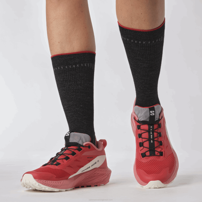 Salomon46081498 Tênis de corrida feminino - Sense Ride 5 chá rosa/vermelho ardente/baunilha gelo