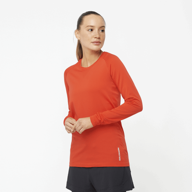 Salomon4608909 camiseta manga longa feminina - sense aero sem costura vermelho flamejante